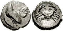 SICILY, Himera. Theron. Circa 483-472 BC. AR Didrachm (8.27 gm). Estimate $400 SICILY, Himera. Theron. Circa 483-472 BC. AR Didrachm (8.27 gm). Cock standing left / Crab. Westermark, "Himera: The Coin