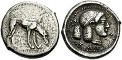SICILY, Segesta. Circa 480-461 BC. AR Didrachm (8.38 gm). Estimate $750 SICILY, Segesta. Circa 480-461 BC. AR Didrachm (8.38 gm). Hound standing right, sniffing ground / Head of the nymph Segesta righ