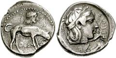 SICILY, Segesta. Circa 420-400 BC. AR Didrachm (8.32 gm). Estimate $750 SICILY, Segesta. Circa 420-400 BC. AR Didrachm (8.32 gm). Hound standing right, sniffing ground; above, head of the nymph Segest