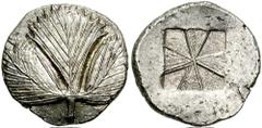 SICILY, Selinos. Circa 540-515 BC. AR Didrachm (8.85 gm). Estimate $750 SICILY, Selinos. Circa 540-515 BC. AR Didrachm (8.85 gm). Trilobate selinon leaf / Incuse square divided into eight sections. Ar