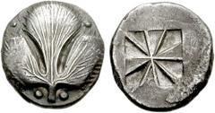 SICILY, Selinos. Circa 540-515 BC. AR Didrachm (8.48 gm). Estimate $500 SICILY, Selinos. Circa 540-515 BC. AR Didrachm (8.48 gm). Trilobate selinon leaf; two pellets above, two flanking stem / Incuse 