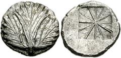 SICILY, Selinos. Circa 540-515 BC. AR Didrachm (9.17 gm). Estimate $750 SICILY, Selinos. Circa 540-515 BC. AR Didrachm (9.17 gm). Rough trilobate selinon leaf / Incuse square divided into twelve secti