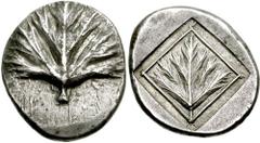 SICILY, Selinos. Circa 515-470 BC. AR Didrachm (8.48 gm). Estimate $1500 SICILY, Selinos. Circa 515-470 BC. AR Didrachm (8.48 gm). Palm-like selinon leaf / Palm-like selinon leaf within linear border 