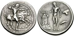 SICILY, Selinos. Circa 450-440 BC. AR Didrachm (8.42 gm). Estimate $1000 SICILY, Selinos. Circa 450-440 BC. AR Didrachm (8.42 gm). Herakles subduing the Cretan bull right / HUYAS, river-god Hypsas sta