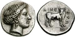 MACEDON, Aineia. Circa 4th century BC. AR Tetradrachm (13.61 gm). Estimate $5000 MACEDON, Aineia. Circa 4th century BC. AR Tetradrachm (13.61 gm). Wreathed head of a nymph right / Bull standing right,