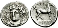THESSALY, Larissa. Circa 356-342 BC. AR Didrachm (12.24 gm). Estimate $5000 THESSALY, Larissa. Circa 356-342 BC. AR Didrachm (12.24 gm). Diademed head of the nymph Larissa, with flowing hair, facing s