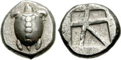 ISLANDS off ATTICA, Aegina. Circa 480-457 BC. AR Stater (12.51 gm). Estimate $2000 ISLANDS off ATTICA, Aegina. Circa 480-457 BC. AR Stater (12.51 gm). Sea-turtle (T-backed); head seen in profile / Lar