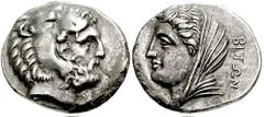 ISLANDS off CARIA. Kos. Circa 345-330 BC. AR Didrachm (6.74 gm). Estimate $500 ISLANDS off CARIA. Kos. Circa 345-330 BC. AR Didrachm (6.74 gm). Bearded head of Herakles right, wearing lion's skin head