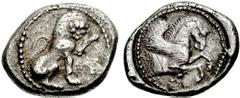 DYNASTS of LYCIA. Uncertain. Circa 500-470 BC. AR Stater (9.21 gm). Estimate $1500 DYNASTS of LYCIA. Uncertain. Circa 500-470 BC. AR Stater (9.21 gm). Lion seated right, left forepaw raised; floral pa