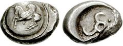 DYNASTS of LYCIA. Uncertain. Circa 460-440 BC. AR Stater (9.83 gm). Estimate $300 DYNASTS of LYCIA. Uncertain. Circa 460-440 BC. AR Stater (9.83 gm). Pegasos flying left on round shield; pellet below 