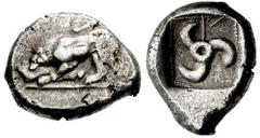 DYNASTS of LYCIA. Uncertain. Circa 460-440 BC. AR Stater (8.89 gm). Estimate $500 DYNASTS of LYCIA. Uncertain. Circa 460-440 BC. AR Stater (8.89 gm). Lion left devouring leg of prey / Triskeles and K 