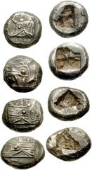 LYCIA, Phaselis. Circa 550 BC. Lot of four AR Staters. Bidding Closed Estimate $7500 LYCIA, Phaselis. Circa 550 BC. Lot of four AR Staters. Includes the following: (10.79 gm). Prow of galley left, ter