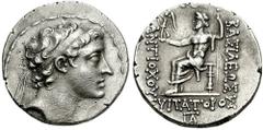SELEUKID KINGS of SYRIA. Antiochos V Eupator. 164-162 BC. AR Tetradrachm (16.61 gm). Antioch mint. Estimate $300 SELEUKID KINGS of SYRIA. Antiochos V Eupator. 164-162 BC. AR Tetradrachm (16.61 gm). An