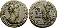 LYDIA, Apollonis. Marcus Aurelius (as Caesar?). 139-161 AD. Æ 29mm (17.20 gm). Aeschrion and Hermokrates, magistrates. Estimate $300 LYDIA, Apollonis. Marcus Aurelius (as Caesar?). 139-161 AD. Æ 29mm 
