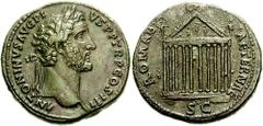 ANTONINUS PIUS. 138-161 AD. Æ Sestertius (27.10 gm). Struck 141 AD. Estimate $1000 ANTONINUS PIUS. 138-161 AD. Æ Sestertius (27.10 gm). Struck 141 AD. Laureate head right / ROMAE AETERNAE, pellet with