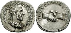 PUPIENUS. 238 AD. AR Antoninianus (3.71 gm). Estimate $300 PUPIENUS. 238 AD. AR Antoninianus (3.71 gm). Radiate, draped, and cuirassed bust right, seen from behind / Clasped hands. RIC IV pg. 176; BMC