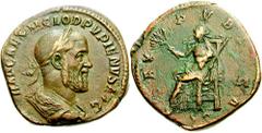 PUPIENUS. 238 AD. Æ Sestertius (23.59 gm). Estimate $750 PUPIENUS. 238 AD. Æ Sestertius (23.59 gm). Laureate, draped, and cuirassed bust right, seen from behind / Pax seated left, holding olive-branch