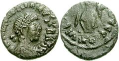 MAJORIAN. 457-461 AD. Æ 15mm (1.46 gm). Mediolanum (Milan) mint. Estimate $500 MAJORIAN. 457-461 AD. Æ 15mm (1.46 gm). Mediolanum (Milan) mint. Pearl-diademed, draped, and cuirassed bust right / Victo