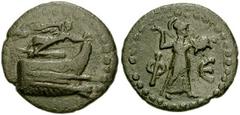 LYCIA, Phaselis. Circa 1st Century BC. Æ 19mm (3.03 gm). Prow of war-galley right, Nike flying above and crowning it with a wreath / Φ-E, Athena standing right, holding thunderbolt and aegis. SNG Cope