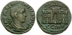 MYSIA, Parium. Aemilian. 253 AD. Æ 20mm (4.54 gm). Laureate, draped and cuirassed bust right / City-gate with three portals surmounted by Sol(?) within facing quadriga. SNG France -; SNG von Aulock -;