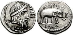 Q. Caecilius Metellus Pius Scipio, Imperator. 47-46 BC. AR Denarius (18mm, 4.14 gm). Military mint travelling with Scipio in North Africa. Laureate head of Jupiter right / Elephant walking right. Craw