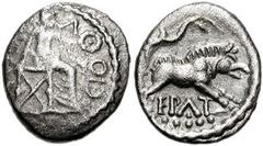 CELTIC, Britain. Catuvellauni & Trinovantes. Epaticcus. Circa 35-43 AD. AR Unit (11mm, 1.10 gm). Victory seated right; [TAS]-CIOV around / Boar standing right; branch above, EPAT below. Hobbs 2294; Va