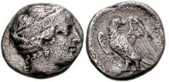 ELIS, Olympia. Circa 421-365 BC. AR Drachm (18mm, 5.28 gm). Hera mint. Struck 368 BC. Head of Hera right, wearing stephane / Eagle standing left, head turned to right. BCD 336.1 (this coin); Seltman p