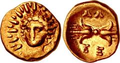 CALABRIA, Tarentum. Alexander the Molossian. King of Epeiros, 350-330 BC. AV Twelfth Stater – Hemilitra (8mm, 0.65 g, 8h). Struck circa 333-331/0 BC. Radiate head of Helios facing slightly left / Thun