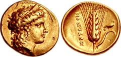 LUCANIA, Metapontion. temp. Alexander the Molossian. Circa 334-322 BC. AV Third Stater – Tetrobol (13.5mm, 2.63 g, 11h). Achaian standard. Head of Hera right, wearing stephanos ornamented with palmett