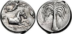 SICILY, Entella. Punic issues. Circa 407-398 BC. AR Tetradrachm (25mm, 17.12 g, 1h). Forepart of horse advancing right; above, Nike flying right, crowning horse with wreath held in both hand; to left,