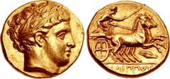 KINGS of MACEDON. temp. Philip II – Alexander III. Circa 340/36-328 BC. AV Stater (17.5mm, 8.59 g, 6h). In the name and types of Philip II. Amphipolis mint. Head of Apollo right, wearing laurel wreath