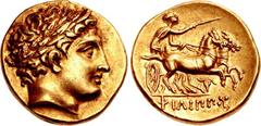 KINGS of MACEDON. Philip III Arrhidaios. 323-317 BC. AV Stater (18mm, 8.58 g, 9h). With the types of Philip II. Pella mint. Struck under Antipater or Polyperchon, circa 323-318/7 BC. Head of Apollo ri