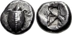 ISLANDS off ATTICA, Aegina. Circa 525/0-500 BC. AR Stater (19.5mm, 12.09 g). Sea turtle, head in profile, with thin collar, row of dots down its back, and thin legs / Deep incuse square of “Union Jack