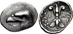 ELIS, Olympia. 97th-100th Olympiad. 392-380 BC. AR Hemidrachm (18mm, 2.85 g, 2h). Obverse die signed by Polykaon . Head of eagle left; πo below / Upright thunderbolt with volutes and wings; F-A flanki