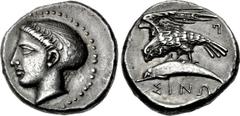 PAPHLAGONIA, Sinope. Circa 410-350 BC. AR Drachm (18mm, 5.99 g, 7h). P–, magistrate. Head of nymph left, hair in ornamented sakkos / Sea eagle standing left, wings spread, on dolphin left; Π to upper 