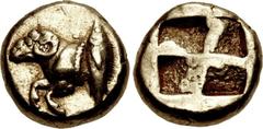 MYSIA, Kyzikos. Circa 550-450 BC. EL Hekte – Sixth Stater (10.5mm, 2.62 g). Forepart of ram left; to right, tunny upward / Quadripartite incuse square. Cf. Von Fritze I 46 (unlisted denomination); cf.