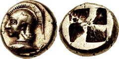 MYSIA, Kyzikos. Circa 550-450 BC. EL Hekte – Sixth Stater (10mm, 2.64 g). Helmeted head of Athena left on tunny left / Quadripartite incuse square. Von Fritze I 67; Greenwell 25; Boston MFA 1447 = War