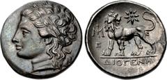 IONIA, Miletos. Circa 250-190/80 BC. AR Didrachm (25mm, 10.38 g, 1h). Persic standard. Diogenes, magistrate. Head of Apollo left, wearing laurel wreath / Lion standing left, head right; star above; to
