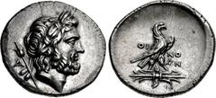 LYCIA, Oinoanda. Circa 200 BC. AR Didrachm (23mm, 8.25 g, 12h). Head of Zeus right, wearing laurel wreath; A and lotus-tipped scepter to left / Eagle standing right on winged thunderbolt; OI-NO/AN in 