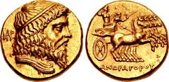 SELEUKID EMPIRE. Andragoras. Usurper king of Parthia, circa 245-239/8 BC. AV Stater (16mm, 8.50 g, 6h). Diademed head right, drapery around neck; monogram to left / Nike, holding kentron in extended r