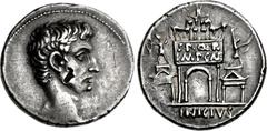 Augustus. 27 BC-AD 14. AR Denarius (19mm, 3.79 g, 10h). Rome mint. L. Vinicius, moneyer. Struck 16 BC. Bare head right / [L •] VINICIVS in exergue, triumphal arch, surmounted by facing quadriga, in wh