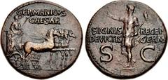 Germanicus. Died AD 19. Æ Dupondius (28.5mm, 14.36 g, 7h). Rome mint. Struck under Gaius (Caligula), AD 37-41. GERMANICVS/CAESAR in two lines above, Germanicus, bareheaded and draped, standing right i