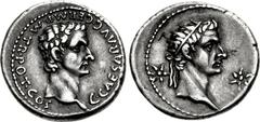 Gaius (Caligula), with Divus Augustus. AD 37-41. AR Denarius (19mm, 3.81 g, 11h). Lugdunum (Lyon) mint. 1st emission, AD 37. C • CAESAR • AVG • GERM • P • M • TR • POT • COS, bare head of Gaius (Calig