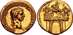 Claudius. AD 41-54. AV Aureus (19mm, 7.77 g, 5h). Rome mint. Struck AD 46-47. TI CLAVD CAESAR • AVG • P • M • TR • P • VI • IMP XI, laureate head right / DE BRITANN on architrave, triumphal arch, surm
