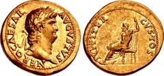 Nero. AD 54-68. AV Aureus (20mm, 7.42 g, 6h). Rome mint. Struck circa AD 64-65. NERO CAESAR AVGVSTVS, laureate head right / IVPPITER CVSTOS, Jupiter seated left, holding thunderbolt in right hand, sce