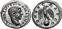 Divus Caracalla . Died AD 217. AR Denarius (20mm, 3.12 g, 12h). Rome mint. Struck under Elagabalus or Severus Alexander. DIVO ANTONINO MAGNO, bare head right / CONSECRATIO, eagle standing left on glob
