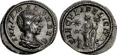Julia Maesa. Augusta, AD 218-224/5. AR Quinarius (15mm, 1.21 g, 12h). Rome mint. Struck under Elagabalus, circa AD 219-222. IVLIA MAESA AVG, draped bust right / SAECVLI FELICITAS, Felicitas standing f
