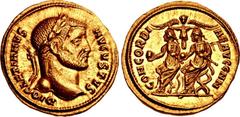 Diocletian. AD 284-305. AV Aureus (20mm, 5.44 g, 6h). Cyzicus mint. Struck AD 293. DIOCLETIANVS AVGVSTVS, laureate head right / CONCORDI–AE AVGG NN, Diocletian and Maximianus seated left on curule cha