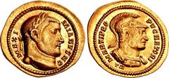 Galerius. As Caesar, AD 293-305. AV Aureus (21mm, 5.14 g, 6h). Treveri (Trier) mint. Struck circa AD 302-305. MAXI MIANVS N C, laureate head right / MARTI PRO PVGNATORI, helmeted and cuirassed bust of