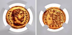 Severus II. As Caesar, AD 305-306. AV Aureus (20mm, 5.38 g, 6h). Serdica mint. Struck AD 305. SEVERVS NOB CAES, laureate head right / PRINCIPI IVV–ENTVTIS, Severus, in military attire, standing left, 